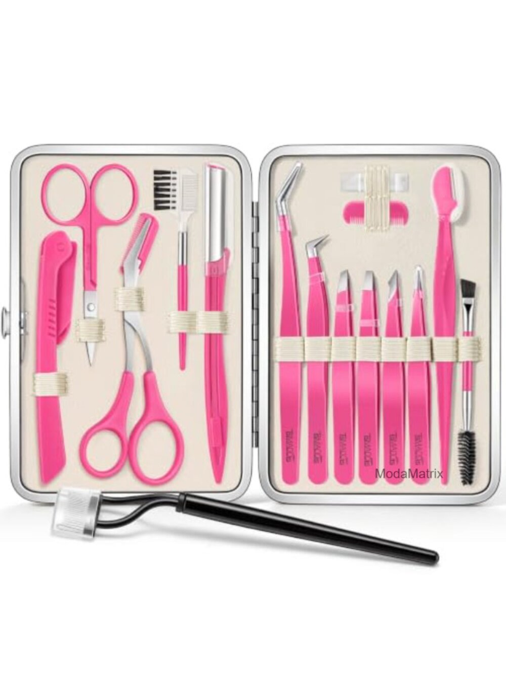 16 Pc Grooming Kit Stainless Steel Tweezers Brow Razors Scissors Lash Brushes